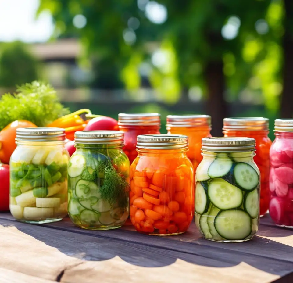 jars of pickled veggies on picnic table