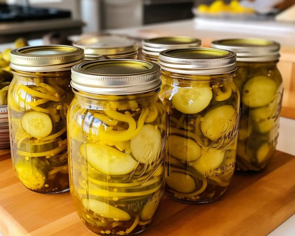 jars of bread and butter pickles on counter